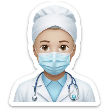 A minimalistic bust of a dentist wearing a white coat with a light blue shirt underneath. The figure has a simple white surgical mask covering the mouth and nose, with visible focused eyes. A small tooth icon is subtly placed on the coat instead of a red cross. The design is sleek and modern, with smooth lines and soft shading. The background features a minimal, abstract dental symbol such as a tooth outline or a small dental tool (mirror or scaler). No extra details, keeping a clean, professional, and minimalistic emoji style sticker