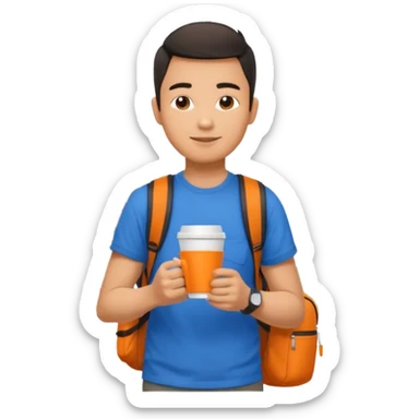 an asian man in blue t-shirt with orange cup of coffee and backpack on the back. Eiffel tower on the background sticker