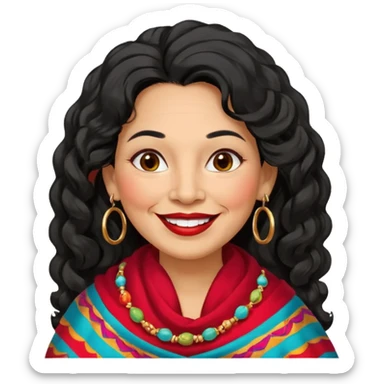 60 yr old peruvian woman, slightly chubby, wavy/curly long black hair, red lipstick, big smile, white teeth, brown eyes, hoop earings, side part to hair, round face sticker
