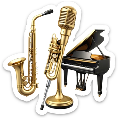 Create an elegant and vintage-inspired emoji representing jazz vocal performance. In the foreground, feature a classic, antique jazz microphone on a stand. Behind it, place a grand piano, with the lid slightly open, and have a Selmer Model 19 Balanced Action trumpet resting on top of the piano. The trumpet should have visible details like its shiny brass finish and the unique design of the valves. Add musical notes flowing around the scene to capture the improvisational essence of jazz. Use rich, deep colors like black, gold, and dark wood tones to evoke the timeless, sophisticated atmosphere of jazz. The background should be transparent. sticker