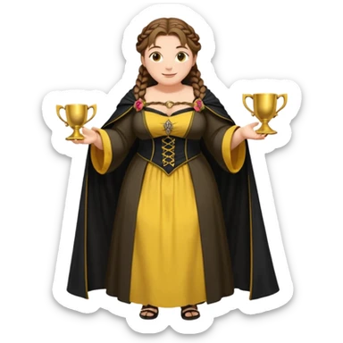 Helga Hufflepuff,brown-haired,2 braids,yellow-black medieval open dress,deep neckline,fat macromastia,black cloak decorated with gold braiding,gold cup with two handles,very kind smile,curvy busty sweet woman,round rosy cheeks,full length with medieval shoes sticker