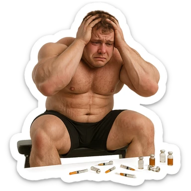 realistic beginner bodybuilder with swollen muscles and stretch marks, puffy face, teary eyes, sitting on bench with hands in hair, scattered vials and syringes, atmosphere of regret, isolated on white background, 4K quality sticker