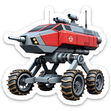 unstoppable American 8-wheel armored personnel sporty self-balancing army massive mech trail vehicle shooting forward side-hill leaning actively robotically articulating hydraulic independent suspended pod gimbal enemy mech off-road racing rover with large fast engine RC basher crawler megatron  sticker