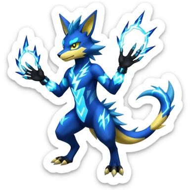 Cobalt-Blue Neon-Electric Bright-Glowing Lightning-Veined Zeraora-Luxray-Lucario-cyber-fusion-creature (full body) sticker