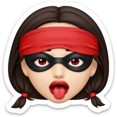 woman with dark brown hair wearing black blind fold completely covering her eyes. tongue out sticker