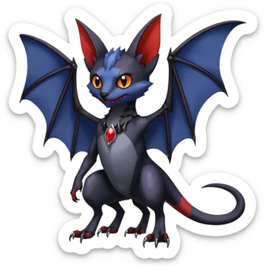 midnight blue-gray-black, with red markings, white belly, scaley vampiric batty bat-Bastet-Noivern-Noibat-Lykoi-Gatomon-Digimon-Fakémon-Pokémon-creature (full body) sticker