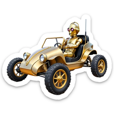  tarnished neon underglow C-3PO ghost buster 1964 delicately ornate rosegold wood accents painted Model-T dune buggy buckboard powered by electric motors and batteries with racing safety belts while flying rapidly roughening terrain stable on strong agile advanced suspension and steering sticker
