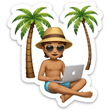 A gender-neutral emoji-style character (🧑‍💻) sitting with a laptop on the beach, next to a palm tree, with sun and ocean in the background. sticker