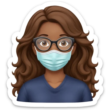 Long Wavy Brown haired woman with glasses wearing Covid  mask sticker