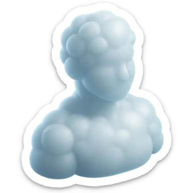 person made entirely of white fluffy convex clouds, shoulders up, front view, matte glass style sticker