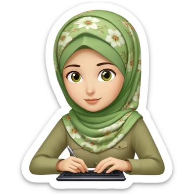 Turkish beautiful finish Konya girl green khaki hijab and light green floral dress and she work on office sticker