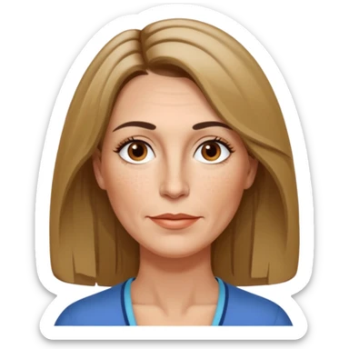 50 year old Caucasian woman with shoulder length brown hair and blond highlights and no bangs. Brown eyes with thin, black eyebrows. Medium size nose with a couple of freckles. Thin lips and slender shoulders. sticker