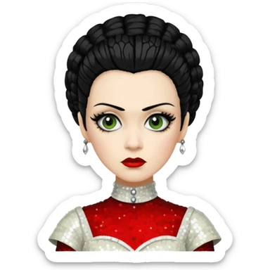 Bride of Frankenstein with black hair, ivory sequin outfit sticker