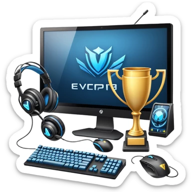 An icon featuring a gaming setup with a high-tech monitor displaying a competitive game, a keyboard, and a gaming mouse. The design includes a headset and a trophy, symbolizing victory and skill in esports. Transparent background highlights the energy and precision of professional gaming. sticker