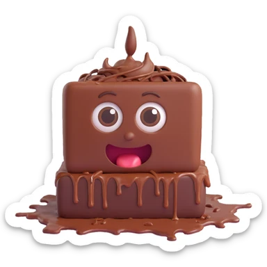 Rectangular chocolate mini pastry, slightly messy and squished, chocolate dripping, big round eyes, wide open mouth, playful surprised expression, text above: "ПАСТИЧКА", chibi style, Twitch emoji style, transparent background, colorful

 sticker