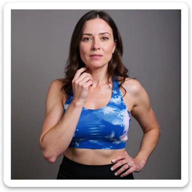 Realistic style woman in sportswear inspired by the reference photo, with one hand on her throat and the other on her belly, showing an expression of burning and reflux, neutral background. sticker