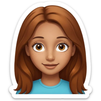 Girl with long brown hair in a middle part and light brown eyes smiling with a few freckles and beauty mark by her check and by her eye on the other side and very long eyelashes and big wide ish eyes  sticker