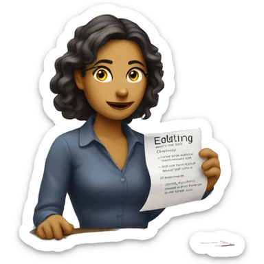 Female writer with a sign that says: Editing Complete sticker