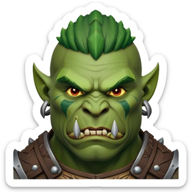 Cinematic Realistic WoW Orc Warrior Portrait, head tilted epicly and inquisitively, showcasing a commanding presence and raw, unyielding power. His battle-hardened green skin and muscular form, accented by meticulously crafted tribal armor in deep earthy hues, are rendered with lifelike clarity and dynamic lighting, high shine, epic and awe-inspiring, embodying the relentless spirit of an orc warrior ready for battle. sticker