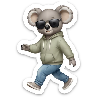 anthropomorphised koala full body wearing a hoodie and jeans dark sunglasses walking different pose sticker