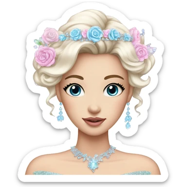 Gorgeous pastel Lady with blue eyes in a sparkly shiny dress with tiara and necklace and flowers aesthetical and trending  sticker