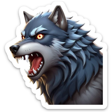 cinematic-noble-fierce-werewolf-howling-portrait-emoji, poised-and-imposing, with a fierce wolfish face tilted upwards in a haunting howl, glowing eyes full of primal ferocity, sharp, elongated fangs bared, and a rugged snout, fur rippling in shades of midnight black and silver, muscles tensed as the powerful howl echoes beneath the moonlit sky; rendered with realism, capturing the raw, untamed power of the beast in its wild, primal state sticker