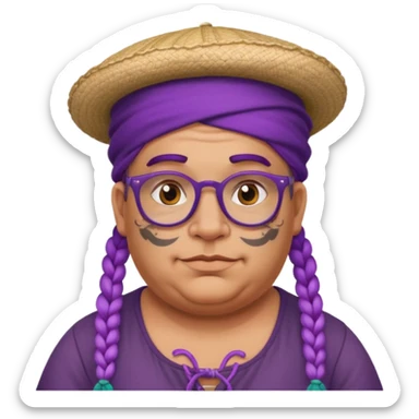 very tattoed face, normal glassess, fat venice gondolier with iconic hat and purple thick braided hair sticker