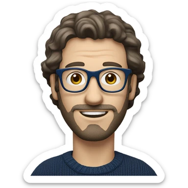 caucasian white man with dark wavy  hair, blue glasses, and carrying design plan because he is an architect carrying a pencil and a set model maquette. wearing a navy blue long sleeve sweater shirt. smart.  sticker