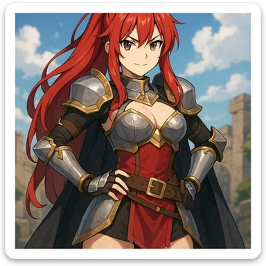 anime style woman with red hair in fantasy armor cosplay, confident pose sticker