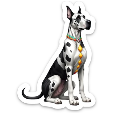 cinematic-[harlequin great dane]-realistic-full-body-sitting-emoji,-tail-resting-loosely-beside-its-paws,-head-tilted-dramatically, ears drooped, -sleek-[black and white]-fur,-simplified-yet-realistic-focused-features,-highly-detailed,-glowing-with-an-almost-sarcastic-glow sticker