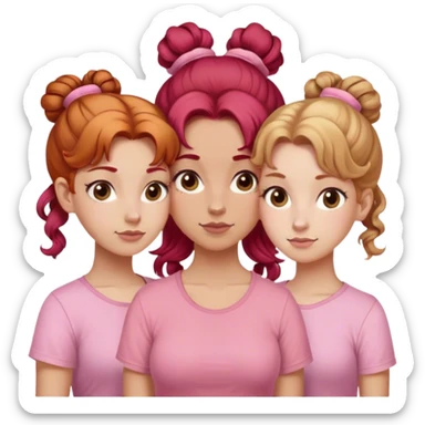 Three sisters one of them have red hair with buns. One of them have dirty blonde hair with ponytail. One of them have white curls with light brown hair hair and they are all wearing pink shirts sticker