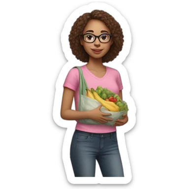 young light-skinned girl with brown hair, transparent glasses and a pink tote bag filled with groceries sticker