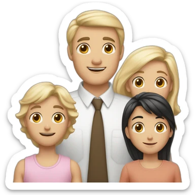 middle age father and his white 3 children, older boy with blonde hair, shorter boy with black hair, and girl with medium carmel colored hair, 3 boys and 1 girls in total  sticker