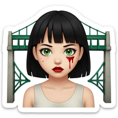 Guria com cabelo preto franjinha sangrando olhos verdes  fundo preto e um piercing bridgepiercing sticker