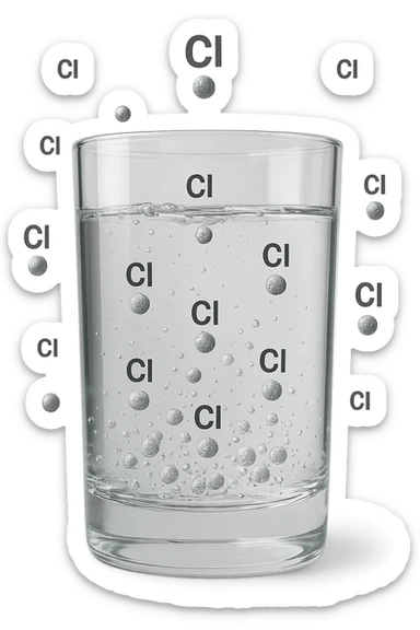 un bicchiere di acqua fluttua in aria realistico e dettagliato, dentro l'acqua del bicchiere ci sono particelle di cloro ben visibili con la scritta "Cl" sopra, ci sono particelle anche che escono dal bicchiere e fluttuan
o in aria verticalmente, mentre alcune sono all'interno dell'acqua nel bicchiere, iperrealistico 4k sticker