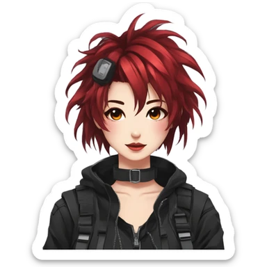Gorgeous techwear anime style lady with blushing face aesthetic and pretty edgy black red punk hair with messy hair and collar and harness trending style sticker