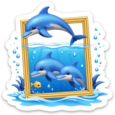 sea-themed photo frame with blue dolphins and water, emoji style sticker