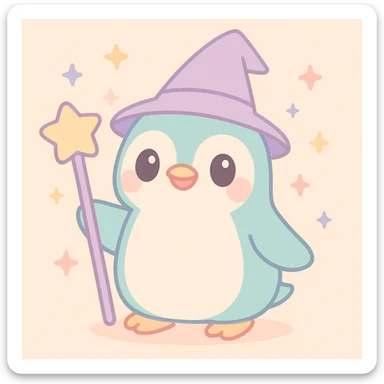 whimsical style penguin dressed as a wizard, wearing a pointed hat and holding a magic staff sticker