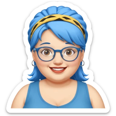 fat woman with blue hair and glassess and headband sticker