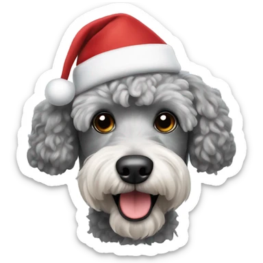 Grey poodle terrier mix wearing a Santa hat sticker