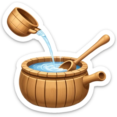 Ladle pouring water onto sauna rocks with steam sticker