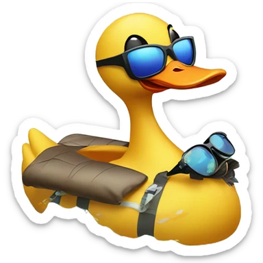 Duck with sunglasses on and swimming in a duck floatie on sea sticker
