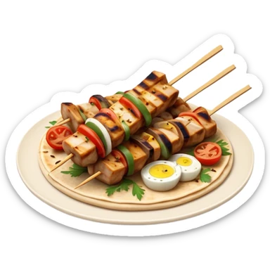 cinematic-realistic-souvlaki-dish-emoji,-showcasing-skewered,-grilled-chicken-with-mediterranean-spices-rendered-with-dynamic-textures-and-warm,-appetizing-lighting on pita bread on a plate sticker