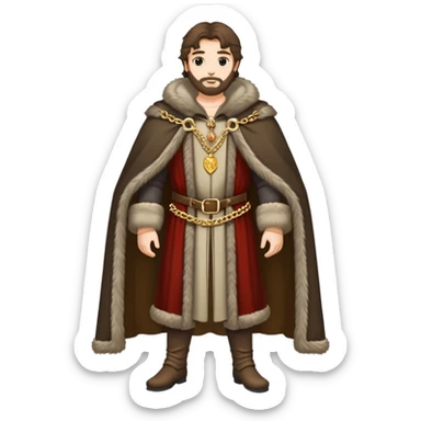 Full body of wealthy medieval merchant in fine clothes, fur-trimmed cloak, and gold chain sticker
