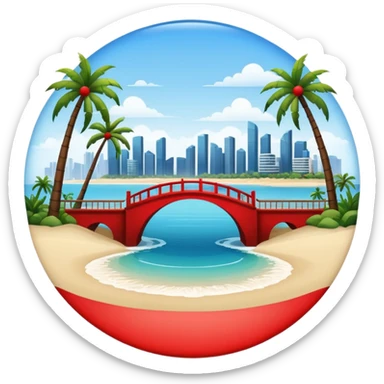 a circle island with modern buildings, a beach with palm trees and a red bridge in the back  sticker