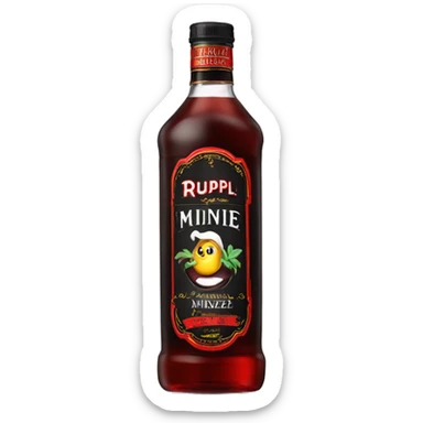 Tall clear bottle of rumple minze alcohol with black and red label sticker