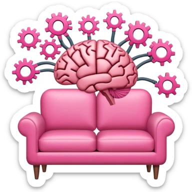 An icon featuring a brain with gears, a mind map, and a pink therapy couch, symbolizing psychology. The design includes a set of mental health tools, representing understanding the human mind. Transparent background sticker