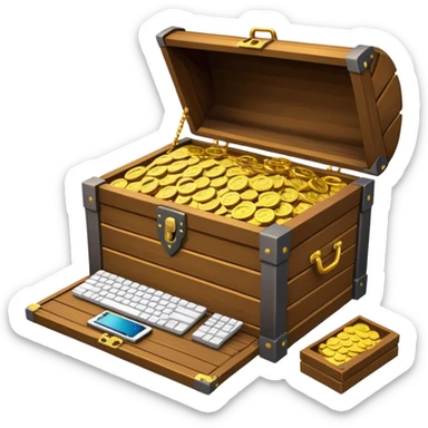 A high-quality 3D emoji of an open wooden treasure chest overflowing with high-end gaming hardware. The design is isometric, featuring sleek laptops, powerful graphics cards with visible fans, and small CPU chips scattered like gold coins. Apple emoji style. sticker
