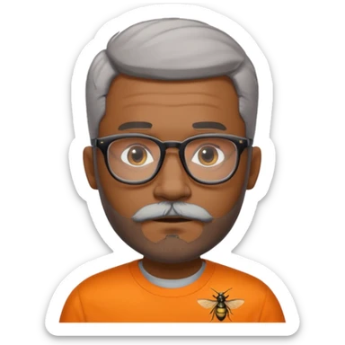 Derek, medium brown Black male, low fade haircut,slightly grey mustache fading into a grey beard, black rimmed browline glasses, wearing an orange shirt with hornets written on the front in black with white trim sticker
