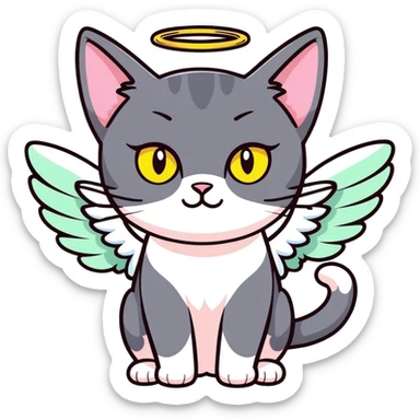 Dark gray short haired domestic cat with light pink ears and greenish-yellow eyes with angel wings  sticker